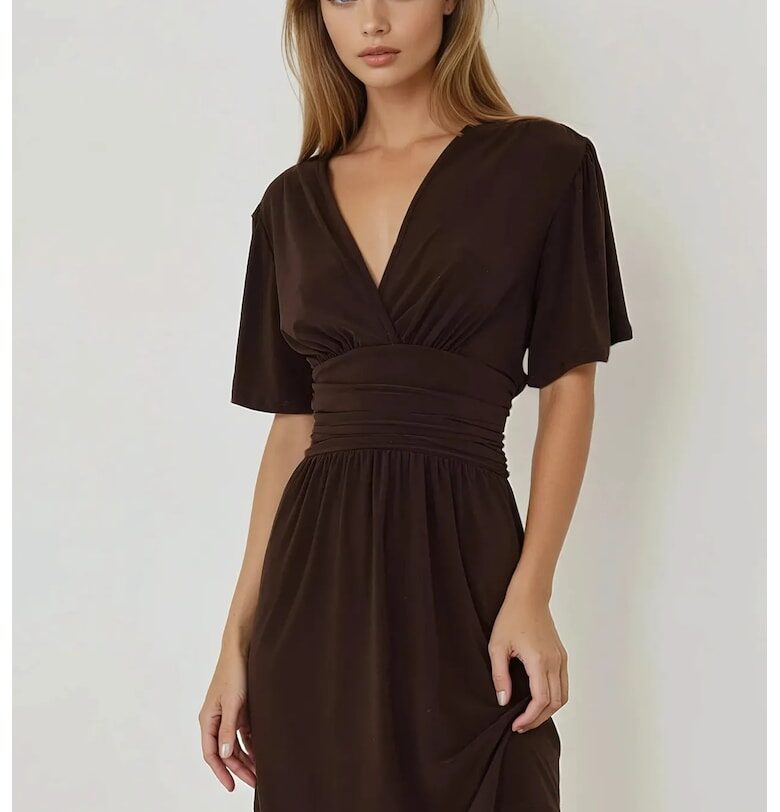 Мини рокля  V-образно деколте - кафява - джърси HiCCUP