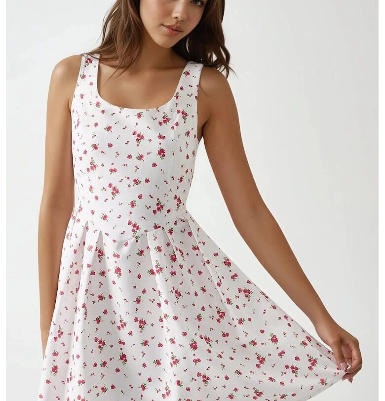 Мини рокля -  А-образна кройка - кръгло деколте - флорален принт - бяла - текстил HiCCUP