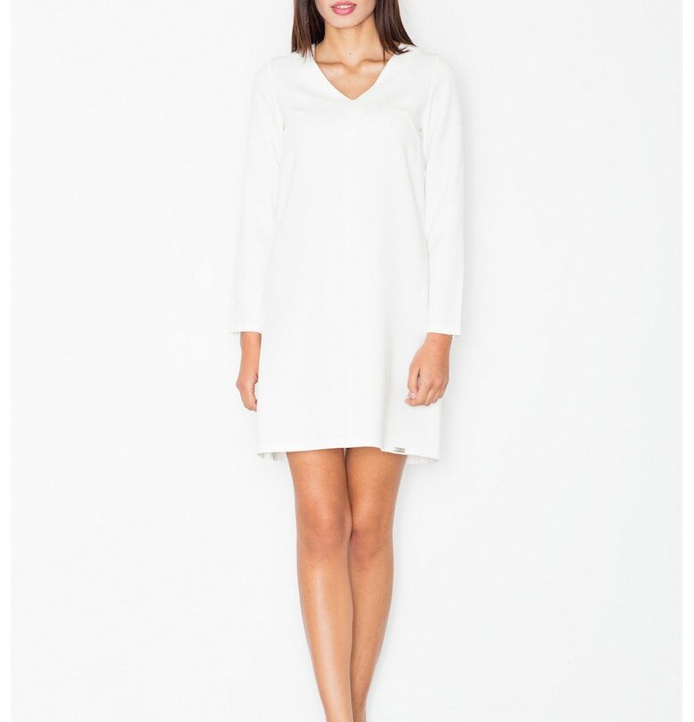 Мини рокля  бяла - дълги ръкави - V-образно деколте - полиестер - Figl