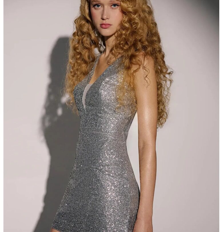 Мини рокля -  вталена - с брокат - сива - джърси HiCCUP