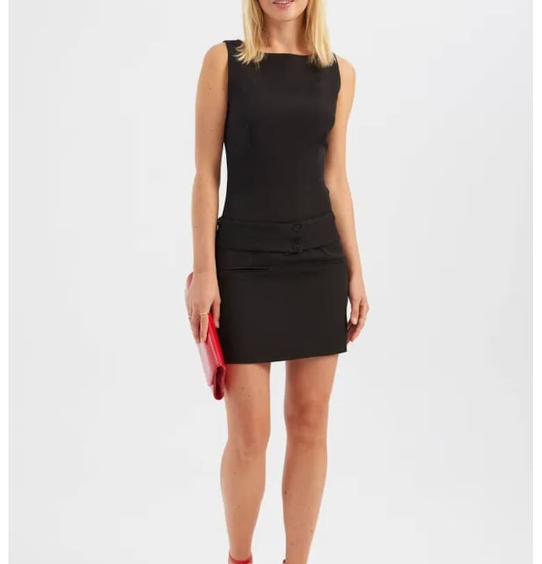 Мини рокля -  деколте тип лодка - колан - черна - текстил HiCCUP