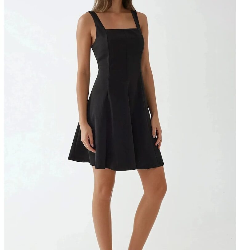 Мини рокля -  квадратна яка - дълги ръкави - черен - трико HiCCUP