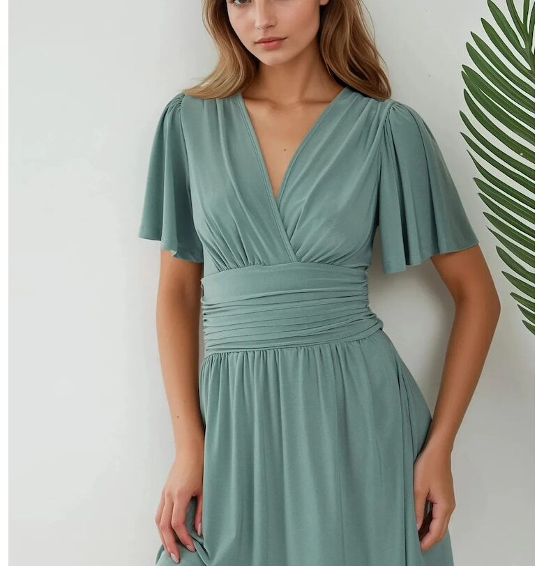 Мини рокля  къс ръкав - V-образно деколте - зелен - трико HiCCUP