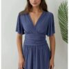 Мини рокля -  къс ръкав - V-образно деколте - синя - трикотаж HiCCUP