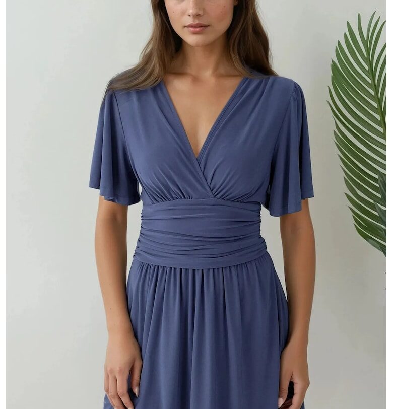 Мини рокля -  къс ръкав - V-образно деколте - синя - трикотаж HiCCUP