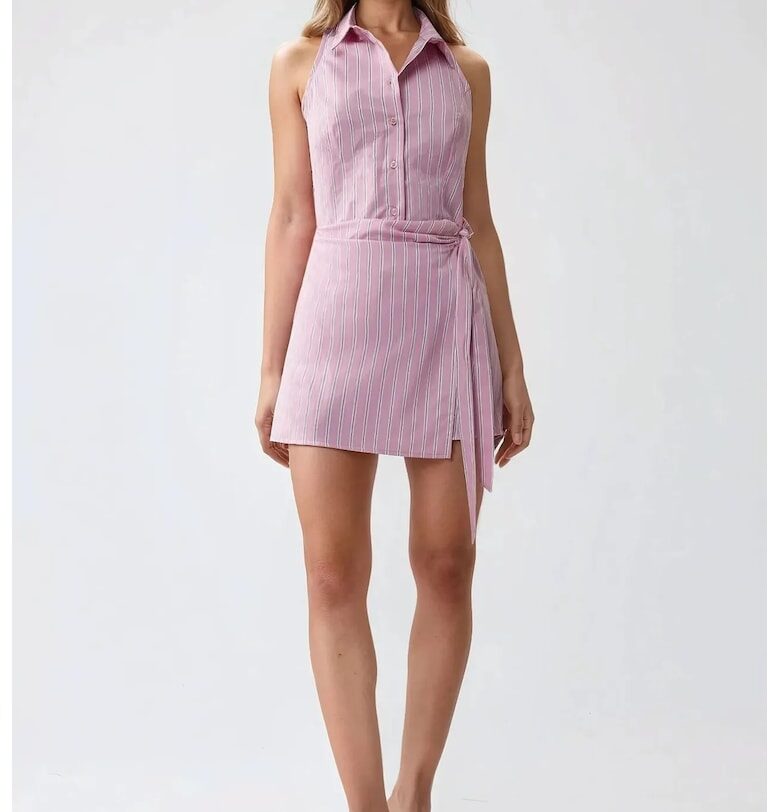 Мини рокля на райета  яка на риза - розова - текстил HiCCUP