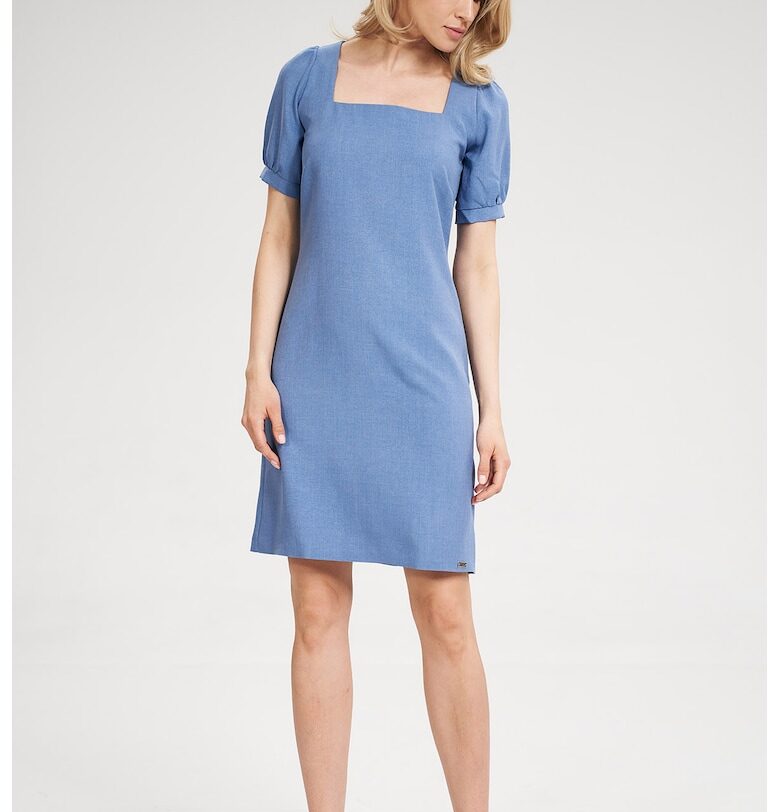 Мини рокля -  синя - квадратно деколте - къс ръкав - полиестер Figl