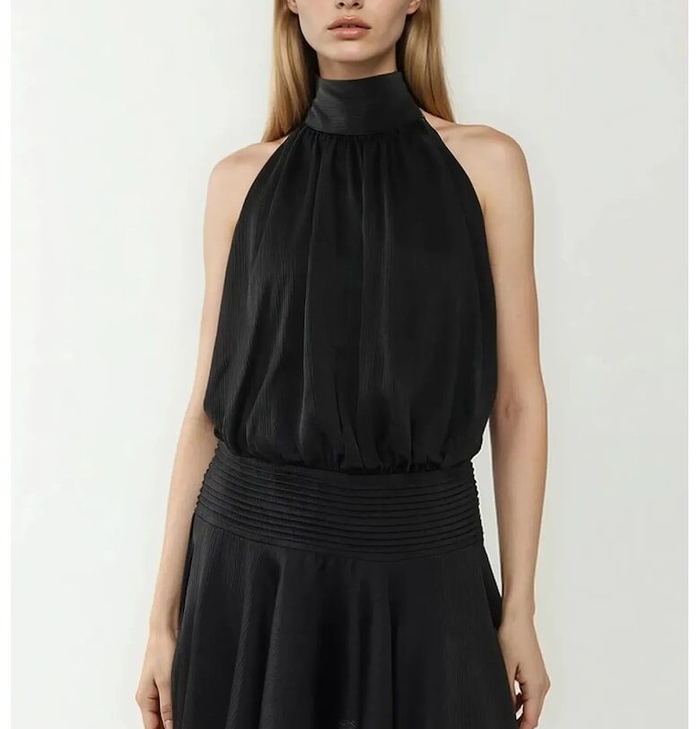 Мини рокля -  текстурирана с висока яка - черна - текстил HiCCUP