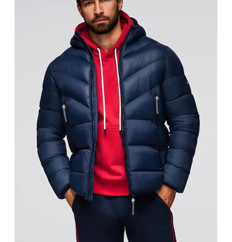 Модерно капитонирано яке от комбинирани материали  OM-JAHP-0303 - Тъмносин OMBRE