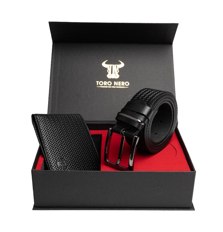 Мъжки комплект портфейл и колан - изработени от естествена кожа - черен - Изчистен Toro Nero