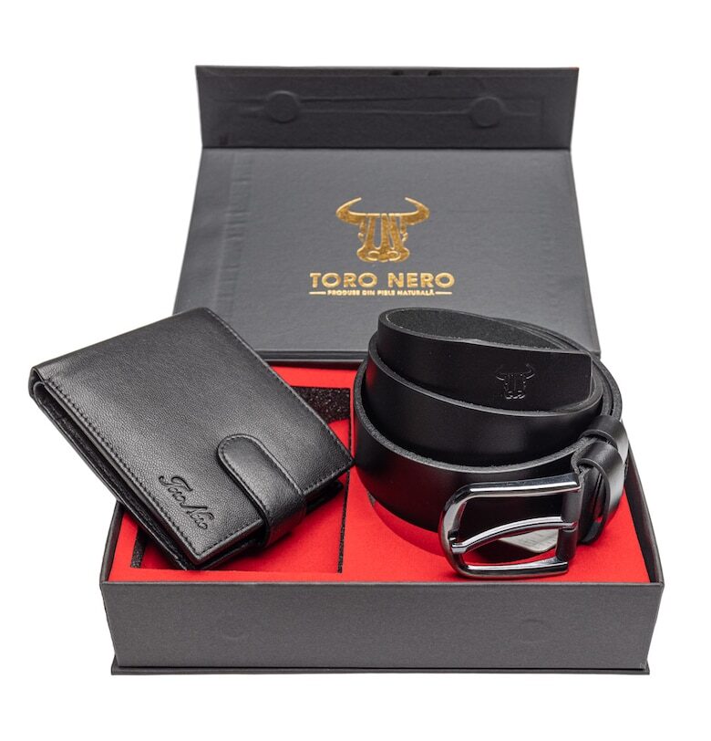 Мъжки портфейл и комплект колан - изработени от естествена кожа Vox-Smooth Toro Nero