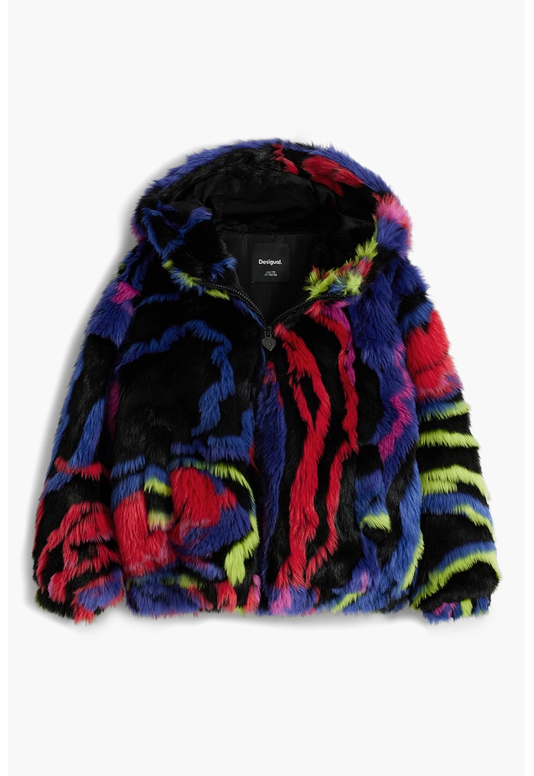 Мъхесто яке с качулка - Червен/Черен/Син DESIGUAL