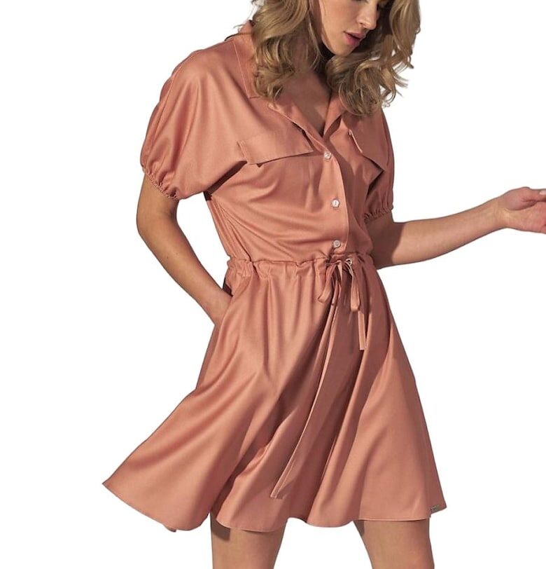 Оранжева мини рокля  яка - еластични ръкави - джобове - еластична материя - вискоза Figl