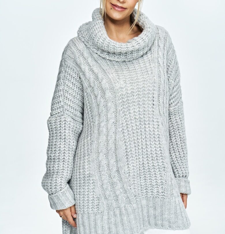 Оувърсайз пуловер  сив - плетен - с висока яка - мек и издръжлив материал - Един размер Figl