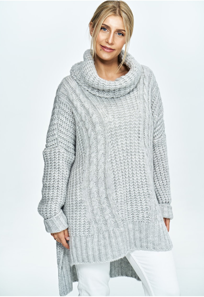Оувърсайз пуловер сив - плетен - с висока яка - мек и издръжлив материал - Един размер Figl