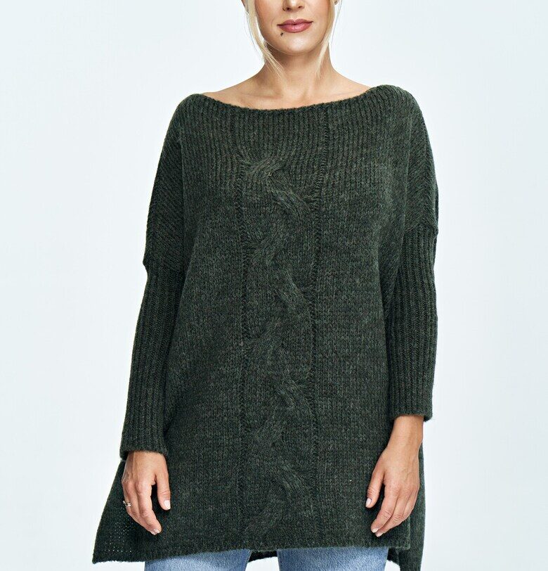 Оувърсайз пуловер  широко деколте - плитки - зелен - вълнен трикотаж - Един размер Figl