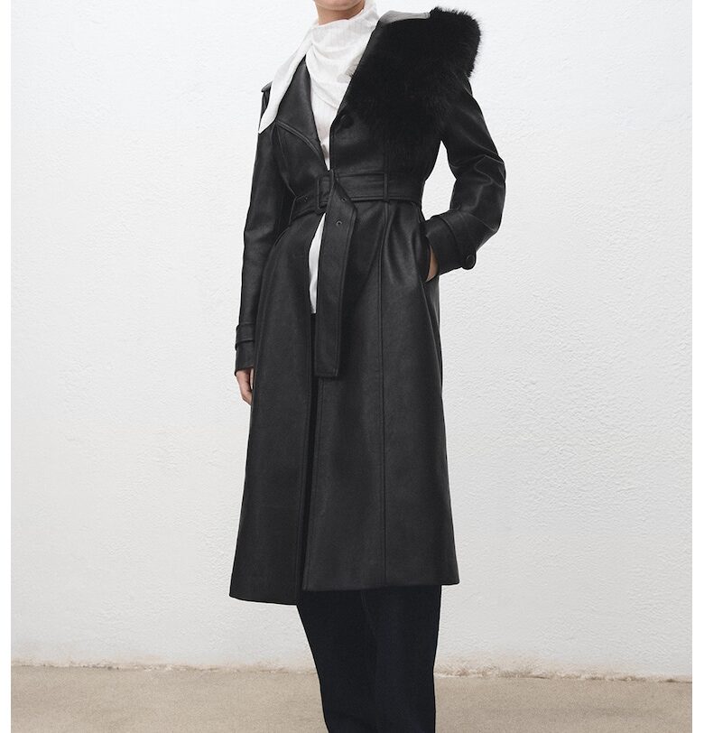 Палто от еко кожа с яка с еко пух - Черен Mango