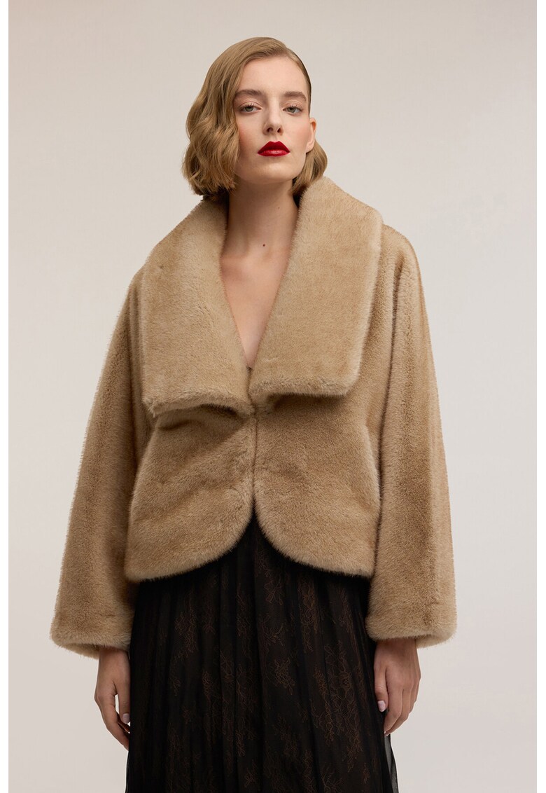 Палто от еко пух с широки ревери - Камел Motivi