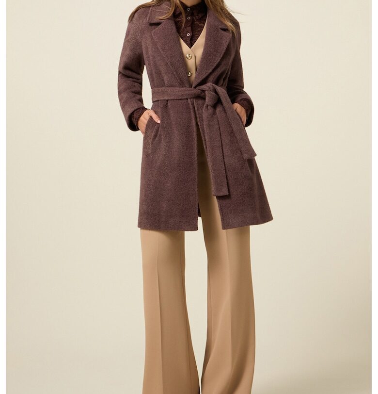 Палто с връзка и раздвоен ревер - Тъмнокафяв Oltre