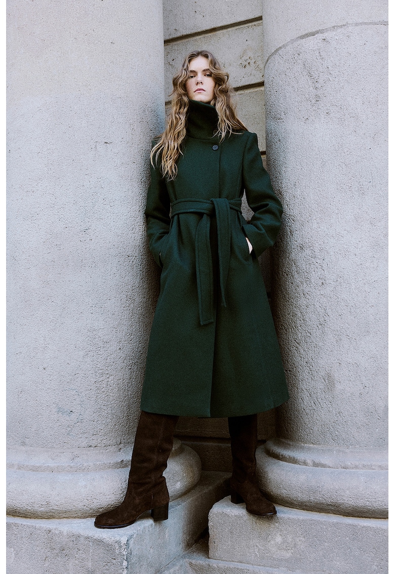 Палто с вълна и връзка - Тъмнозелен Mango