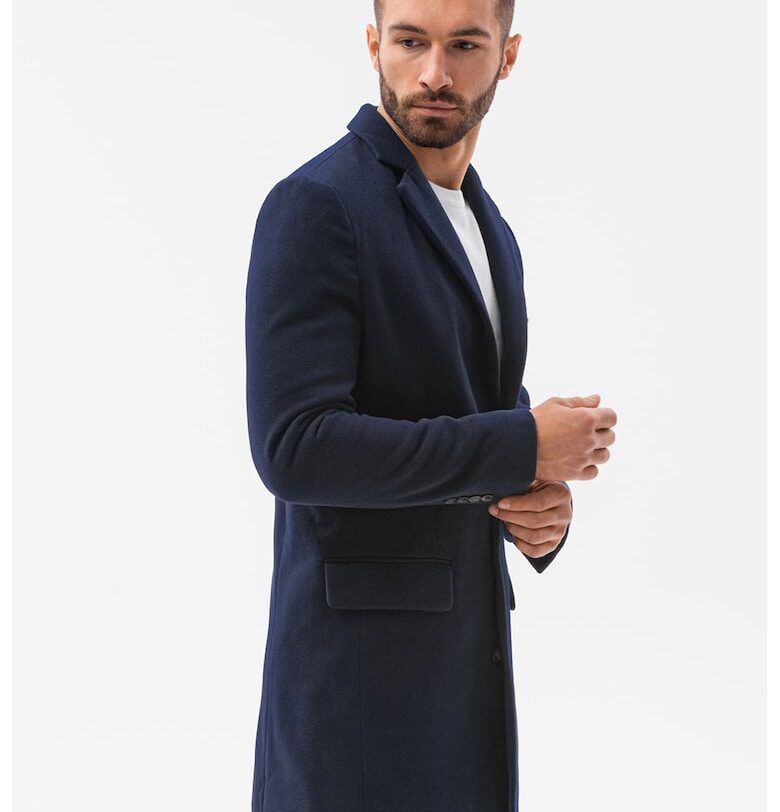 Палто с раздвоен ревер и джобове - Тъмносин OMBRE