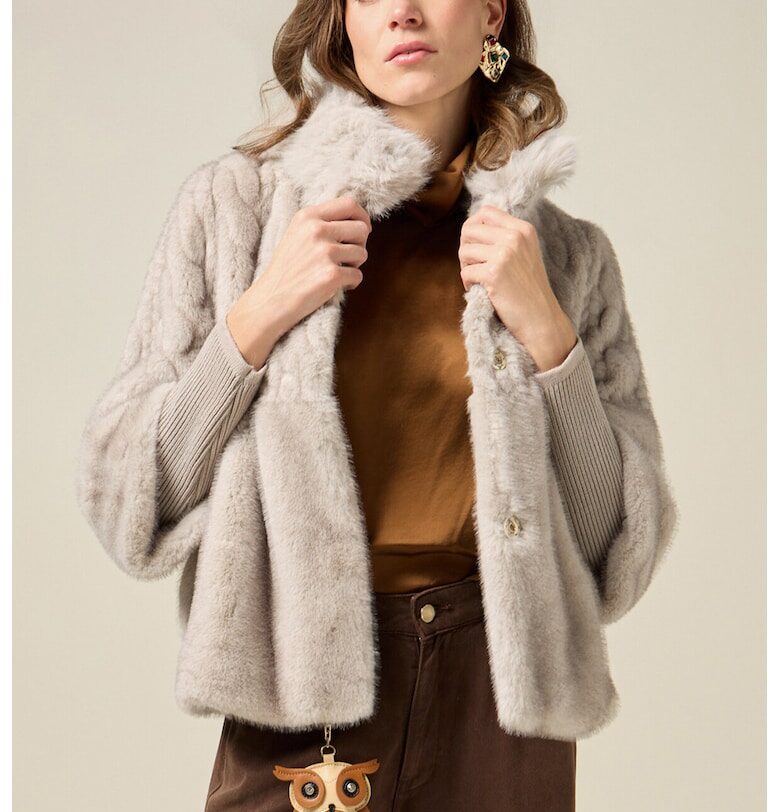 Палто с яка от еко пух - Светлокафяв Oltre