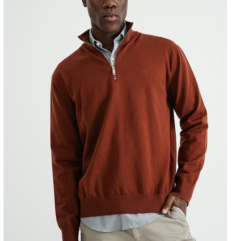 Памучен пуловер с къс цип - Канелено кафяво CALVIN KLEIN