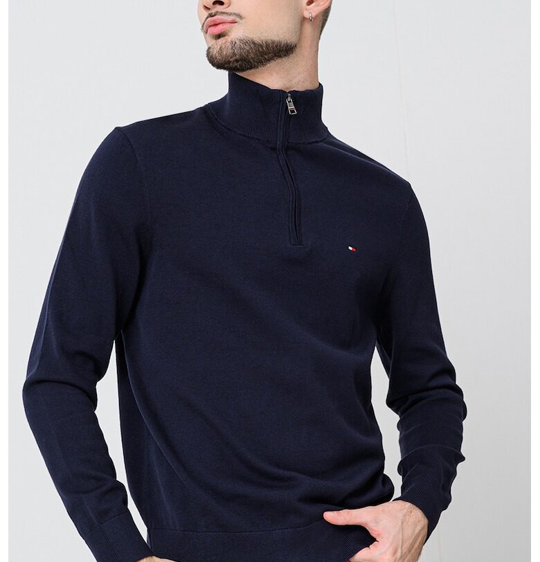 Памучен пуловер с къс цип - Ултрамарин синьо Tommy Hilfiger