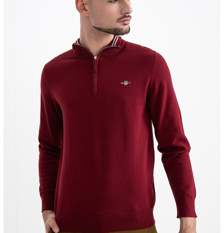 Памучен пуловер с къс цип - Керемидено червено Gant