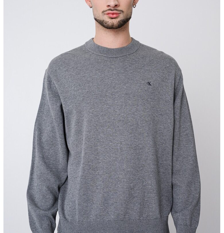 Памучен суитчърт с овално деколте - Сив меланж CALVIN KLEIN JEANS