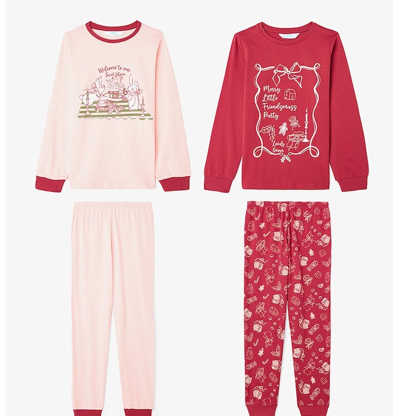 Памучна пижама с десен - 2 части - Червен/Бледо розово Penti