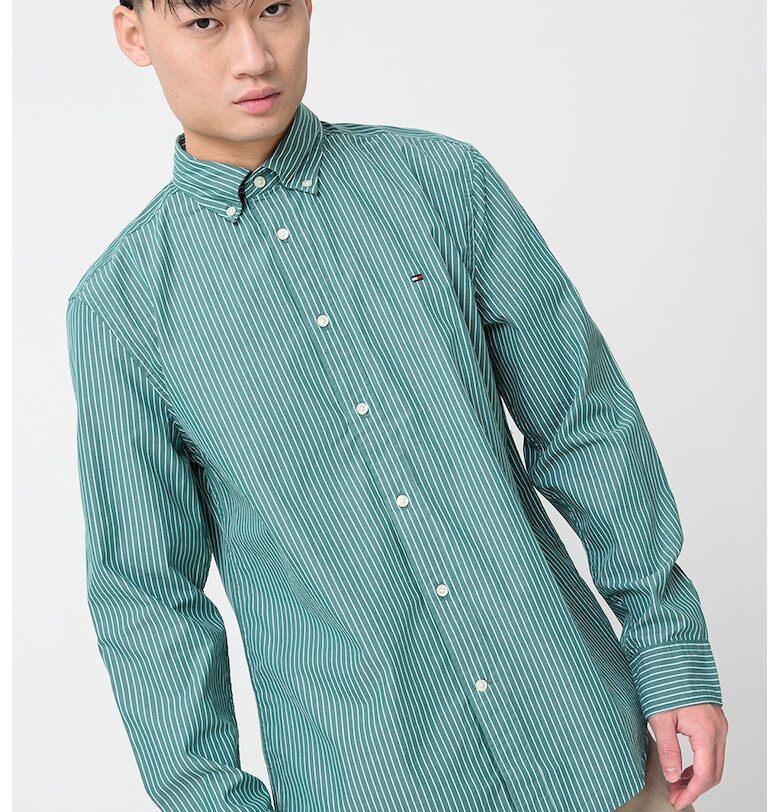 Памучна риза с дълги ръкави и лого - Бял/Папратово зелено Tommy Hilfiger