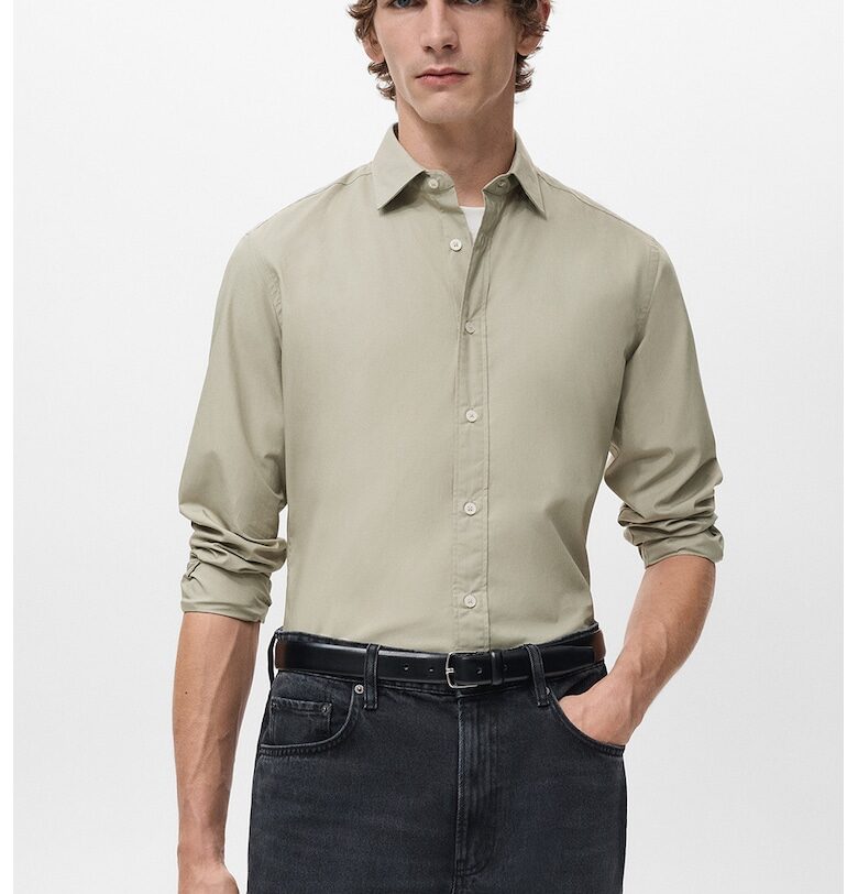 Памучна риза с копчета на маншетите - Бежов Mango