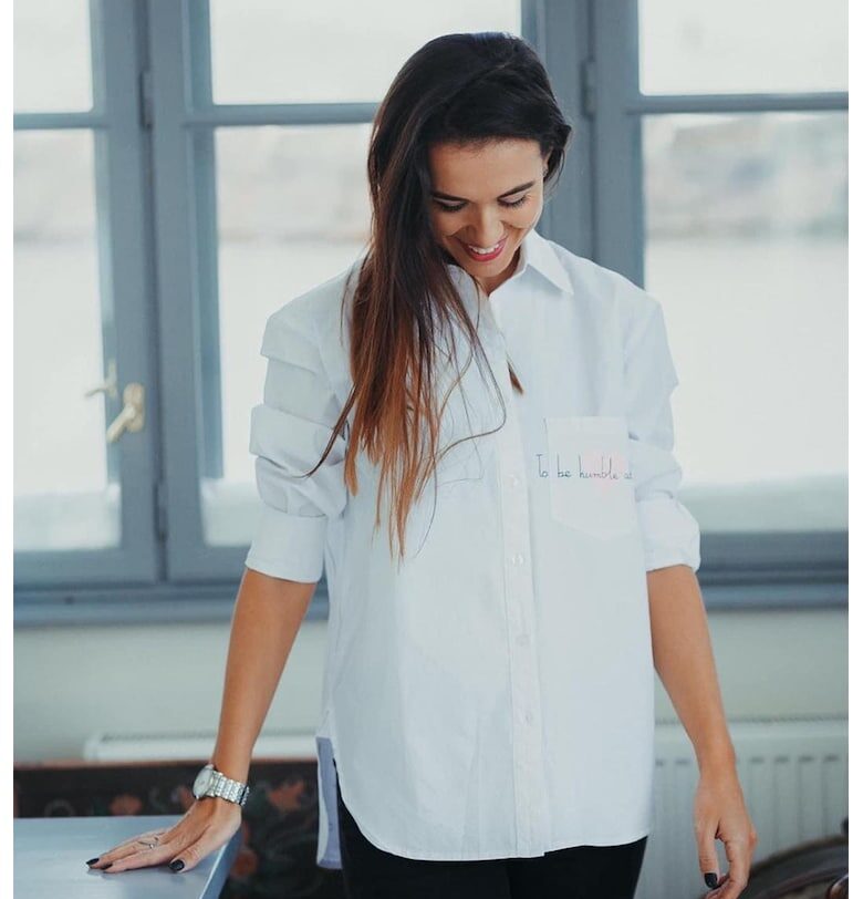 Памучна риза със сърцевиден принт и надпис - Бял/Зелен/Син Madlen