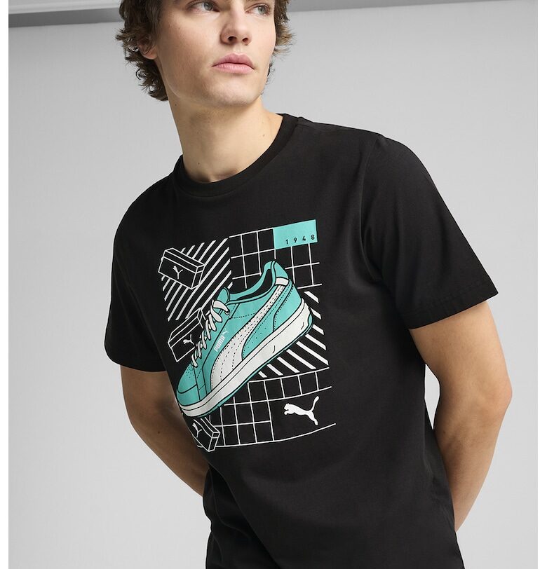 Памучна тениска с графика - Бял/Черен/Тюркоаз Puma