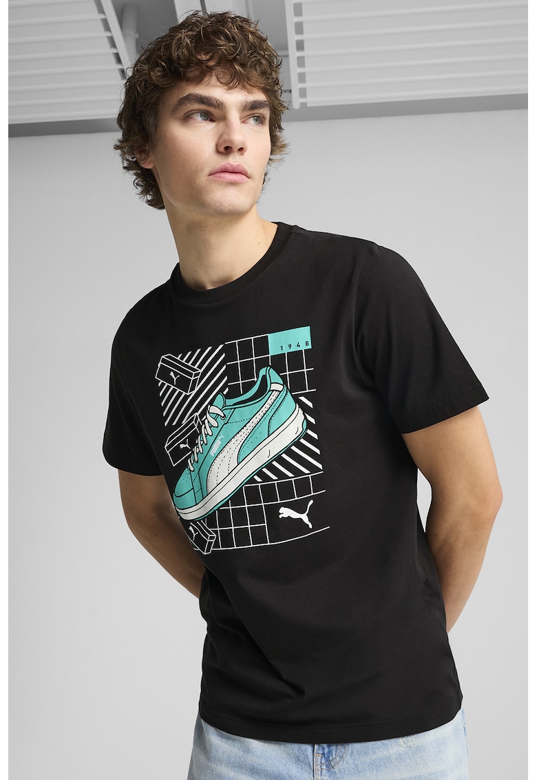 Памучна тениска с графика - Бял/Черен/Тюркоаз Puma