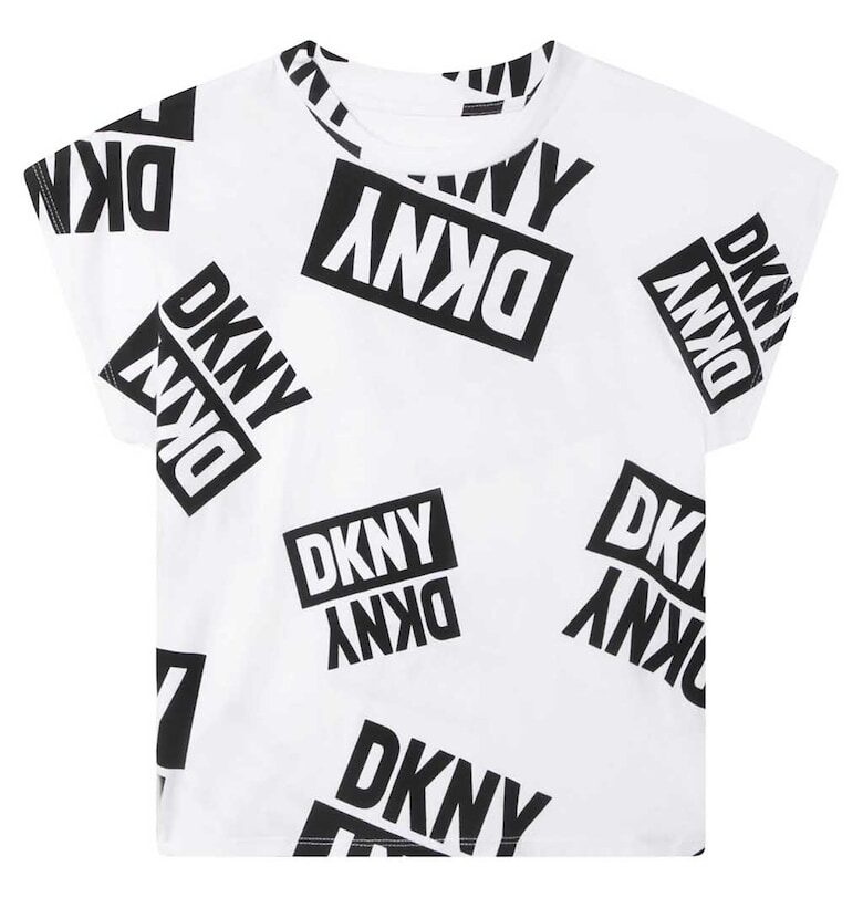 Памучна тениска с десен с лого - Бял/Черен DKNY