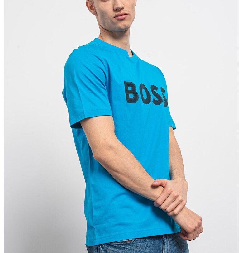 Памучна тениска с лого - Черен/Светлосин BOSS