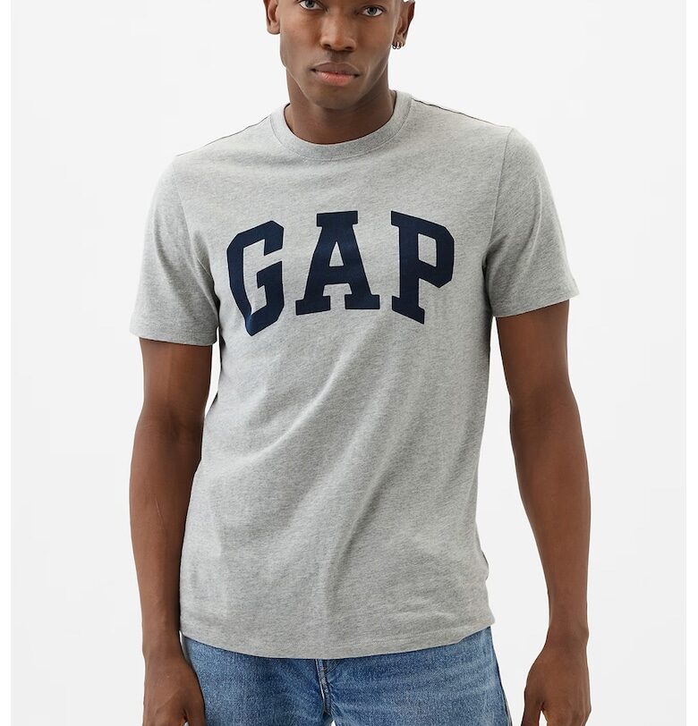 Памучна тениска с лого - Сив меланж/Тъмносин GAP