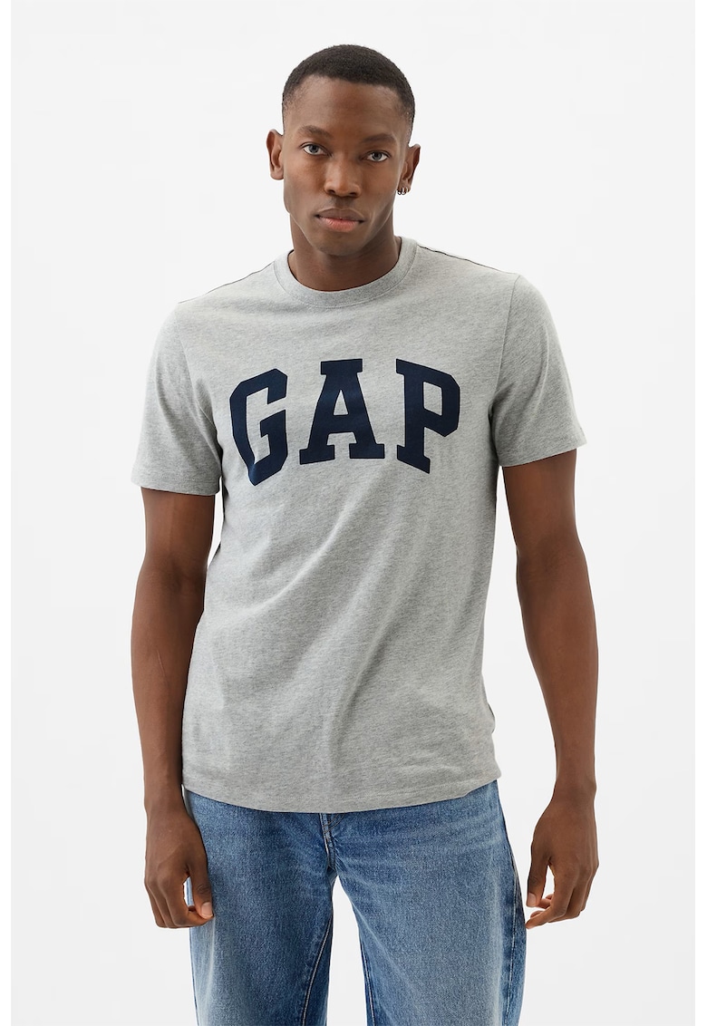Памучна тениска с лого - Сив меланж/Тъмносин GAP