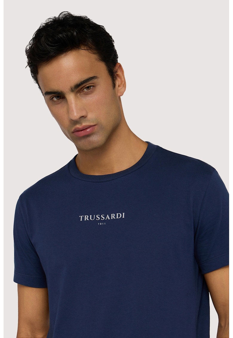 Памучна тениска с лого - Бял/Тъмносин Trussardi