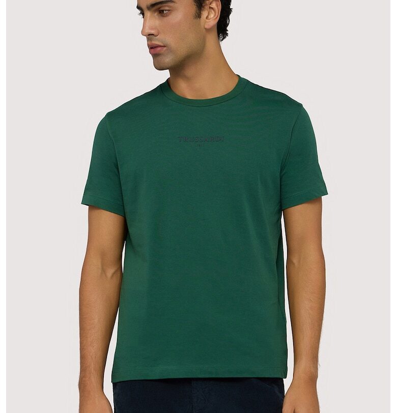 Памучна тениска с лого - Аква зелено Trussardi