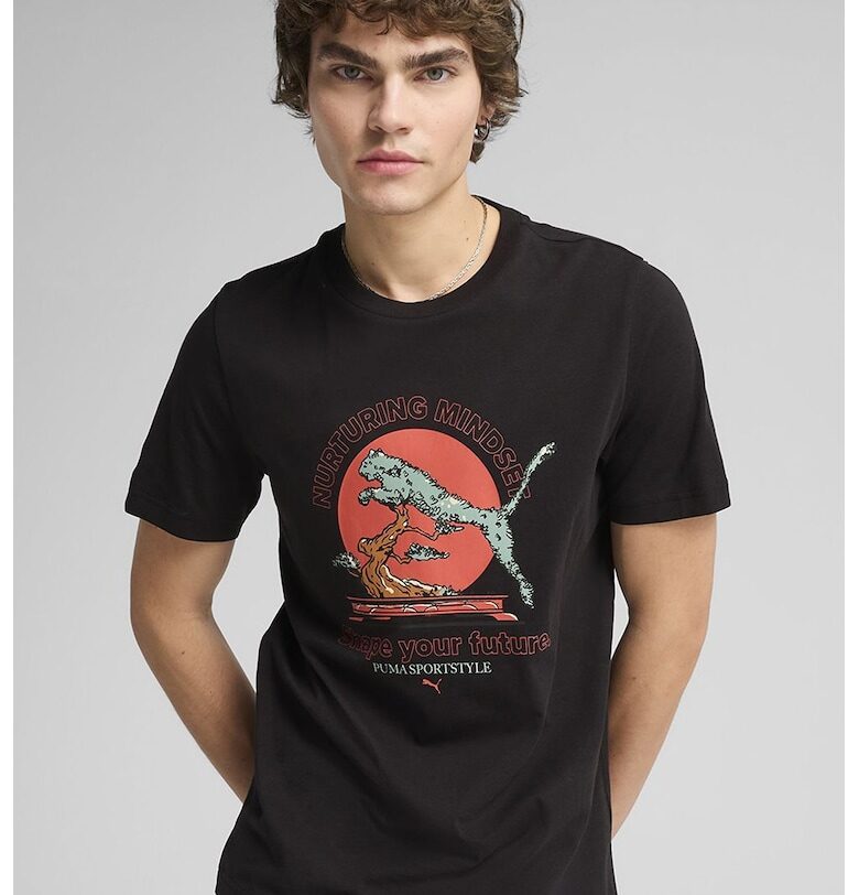 Памучна тениска с овално деколте - Черен/Корал Puma