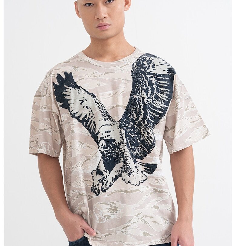 Памучна тениска с принт - Ултрамарин синьо/Бежов/Бледозелен Diesel