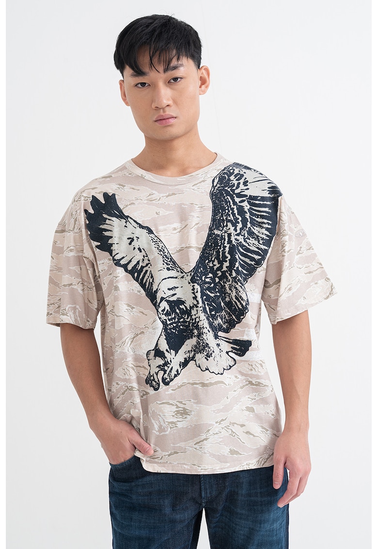 Памучна тениска с принт - Ултрамарин синьо/Бежов/Бледозелен Diesel