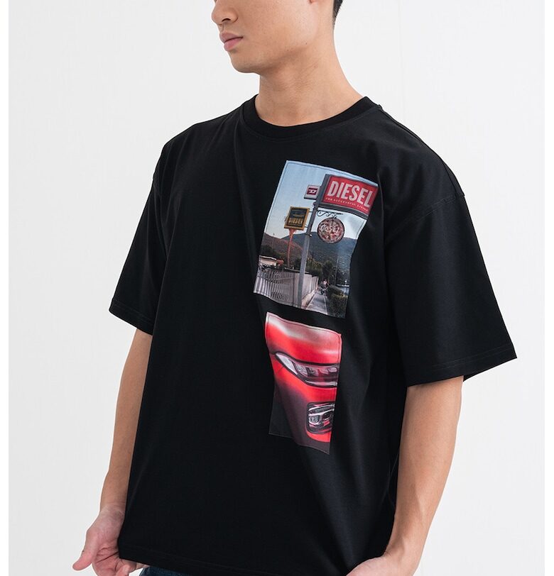 Памучна тениска с принт - Черен/Малина/Светлосин Diesel