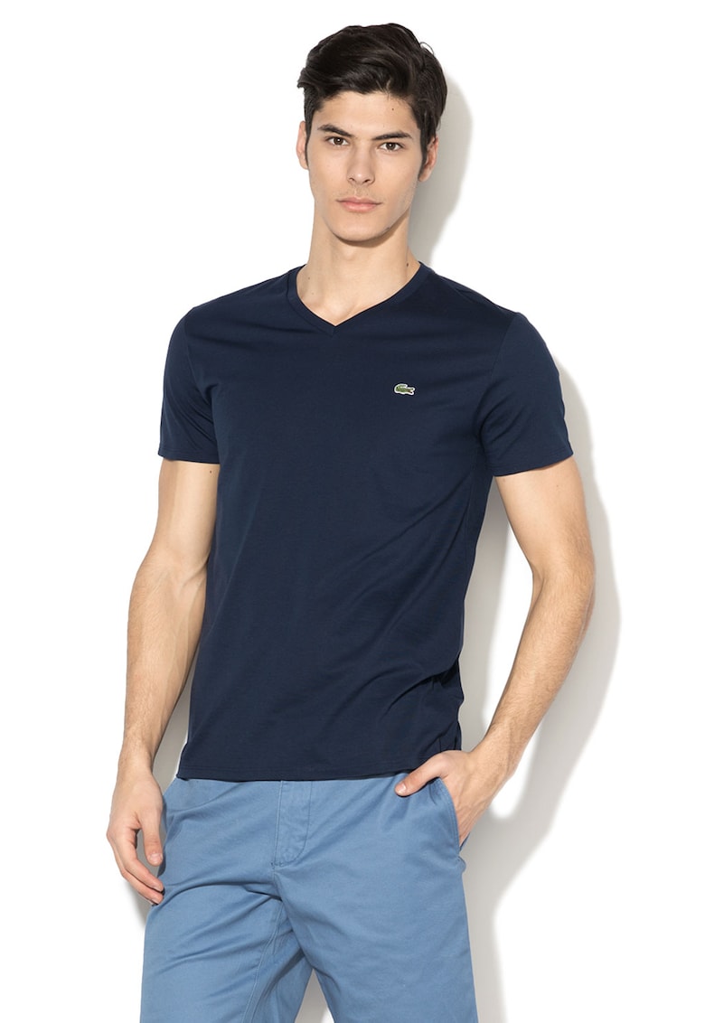 Памучна тениска с шпиц - Тъмносин Lacoste