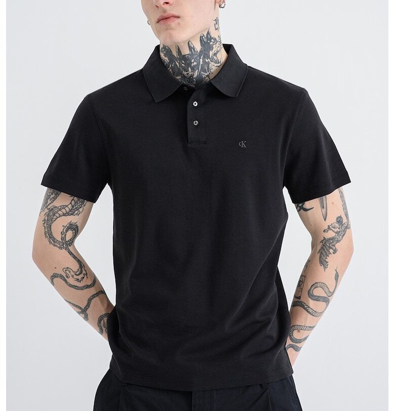 Памучна тениска с яка - Черен CALVIN KLEIN