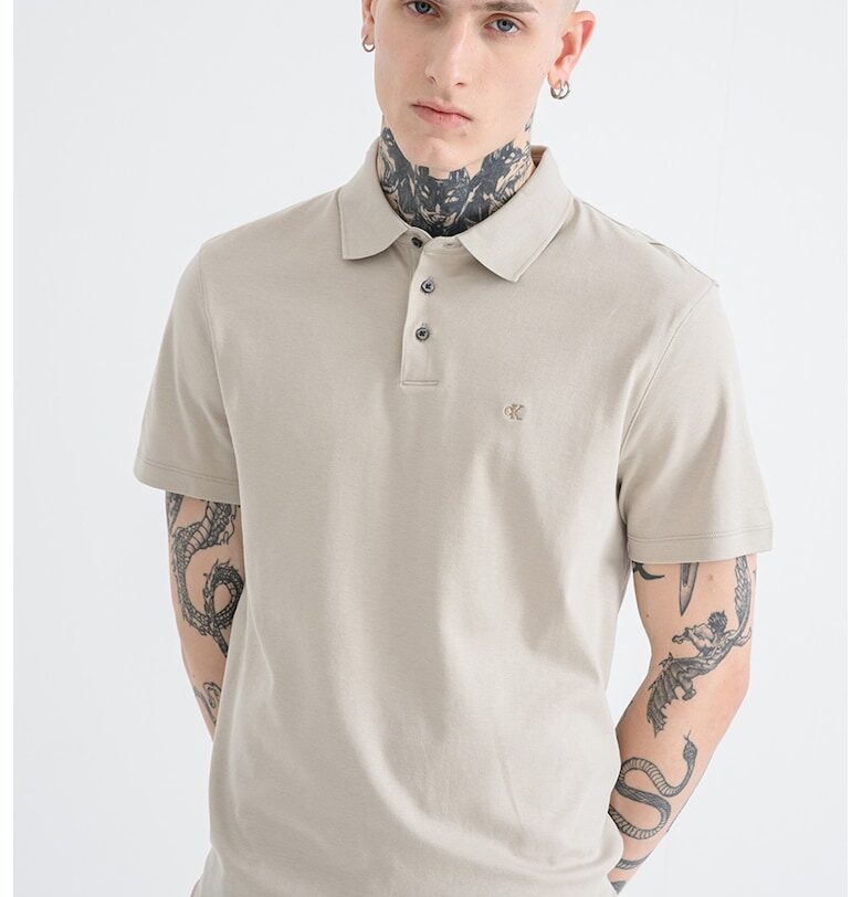 Памучна тениска с яка - Каки CALVIN KLEIN