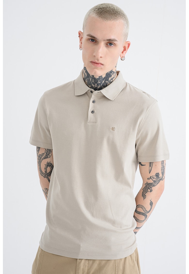 Памучна тениска с яка - Каки CALVIN KLEIN